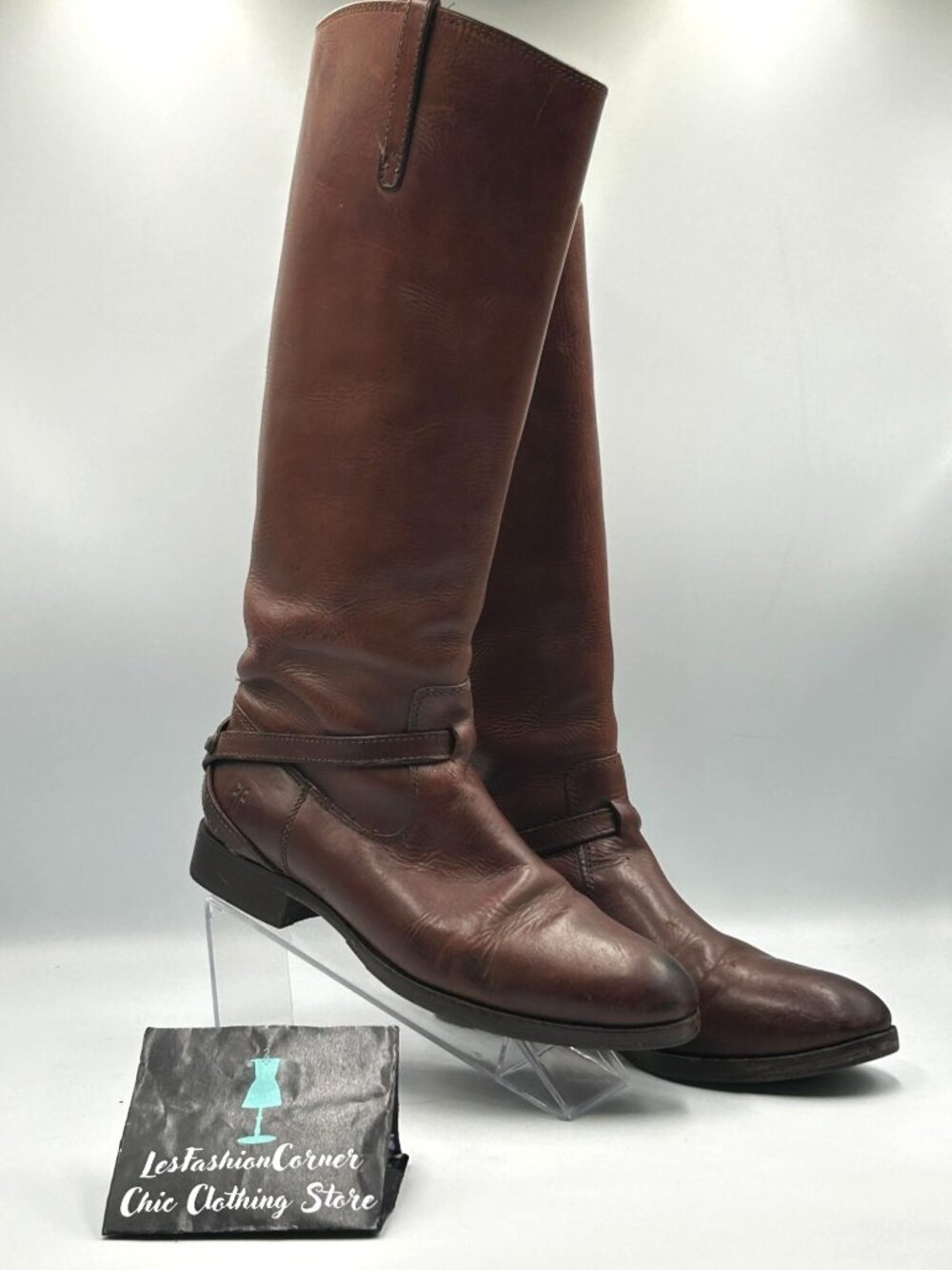 Frye Women's Brown Leather Lindsay Plate Knee-High Riding Boots Size 7.5 3282 - Picture 9 of 16